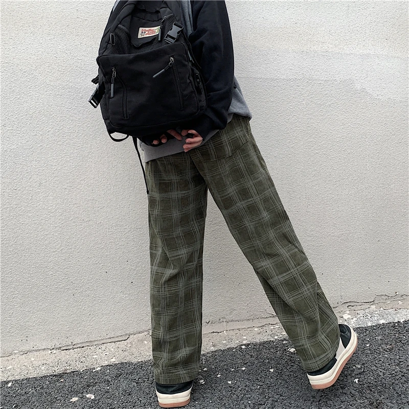 Wide Leg Pants Men Spring Casual Plaid Vintage BF Couple Straight Corduroy Streetwear Harajuku Oversize S-3XL