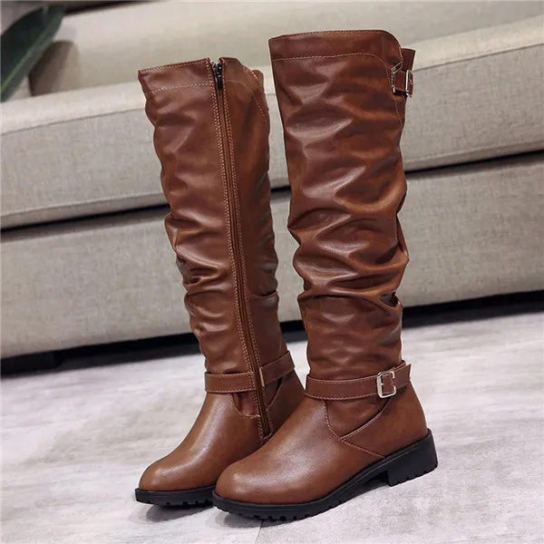 Ladies Winter Shoes Women Zipper Square Heel Solid Color Metal Decoration High Boots Knee-High Shoes Round Toe Boots