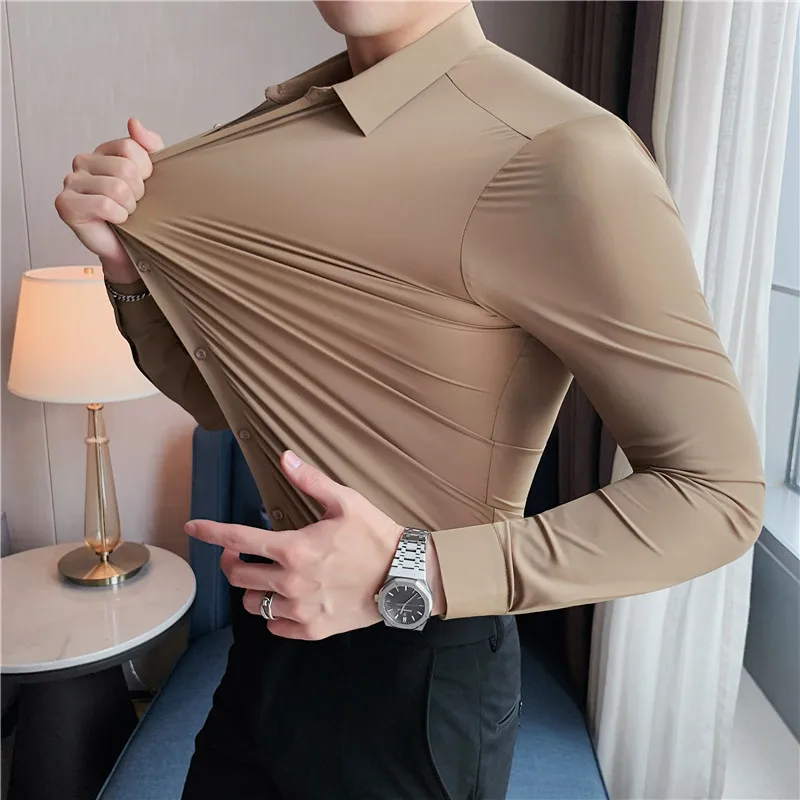 High Elasticity Seamless Men's Long Sleeve Slim Casual Shirt Solid Color Business Formal Dress Shirts Social Party Blouse cotton shirt long sleeve shirt men casual shirt