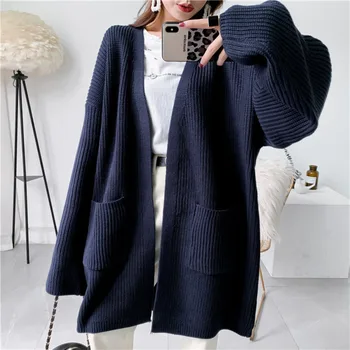

LANMREM 2020 thickened cardigan sweater coat women's medium and long double pocket loose vintage autumn witner kintted YJ739