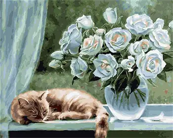 

DRAWJOY Framed Flower And Cat DIY Painting By Numbers Oil Painting On Canvas Acrylic Paint Wall Art For Home Decor 40x50