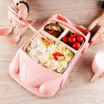 

1Set Car shape Lunch Box Dinnerware Food Storage Container 2 Layers Wheat Straw Bento Boxes With Spoon Fork Chopsticks Cup Set