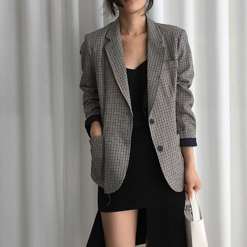 OL клетчатый Блейзер женские свободные корейские блейзеры и куртки повседневная клетчатая куртка плюс размер больше размера d пальто однобортный винтажный
