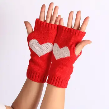 

Women Heart Print Winter Goves Soft Fingerless Gloves Hand Warmer Knitted Warm Gloves Black White Red Grey Color Guantes Mujer