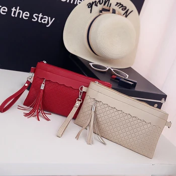 

Ladies Messenger Shoulder Bag Small Checkered Envelope Tassel Bag PU + Polyester Bag High Quality Elegant Solid Women Clutch Bag