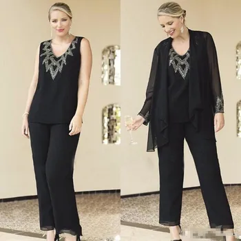 

2020 Black Mother Of The Bride Dresses Pant Suits with Wrap Chiffon 3 Pieces Plus Size Mother's Formal Dresses for Wedding Party