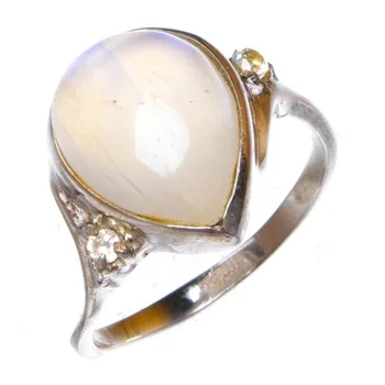 

Natural Rainbow Moonstone And Zircon Handmade 925 Sterling Silver Ring 7.5 D1175
