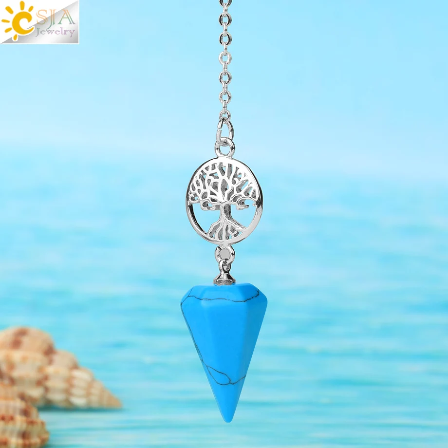 CSJA Natural Stone Pendulum for Radiesthesia Dowsing Reiki Tree of Life Pendant Divination Pendulos Esoteric Amulet Jewelry G718