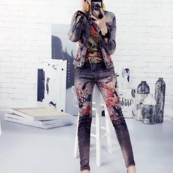 

New Sequin Flowers Print Jeans Jacket Pants Suit Lady Two Pcs Elastic Material Painting Fashion Trends Women Denim 2 piece Set