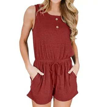 

Casual Womens Jumpsuits Solid Color Sleeveless O-Neck Button Strappy Leisure Rompers Overalls Ropa Mujer 2020 New Drop Shipping