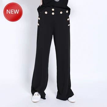 

Woman PantsFashion Women Casual Loose Long Pants Gold Buttons Solid Color Wide Leg Pants Trousers Korean Clothes