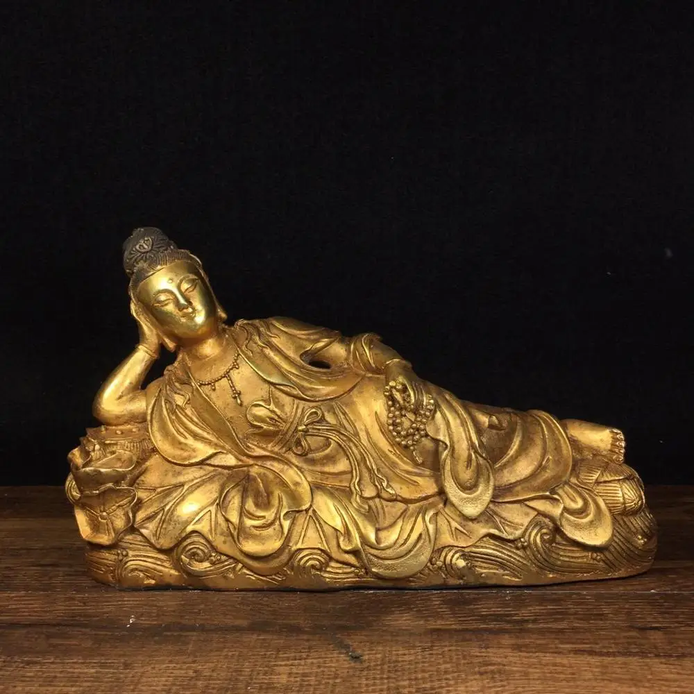 

Home Decor 11" Tibet Buddhism Temple Old Bronze Gilt Sleeping Guanyin Guanyin Bodhisattva Statue Amitabha Enshrine the Buddha
