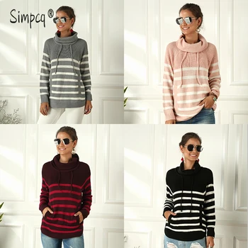 

Autumn and Winter Sweaters New Women's Stripe Turndown Collar Pullover Loose Thick Sweater Short Paragraph Knit Tops