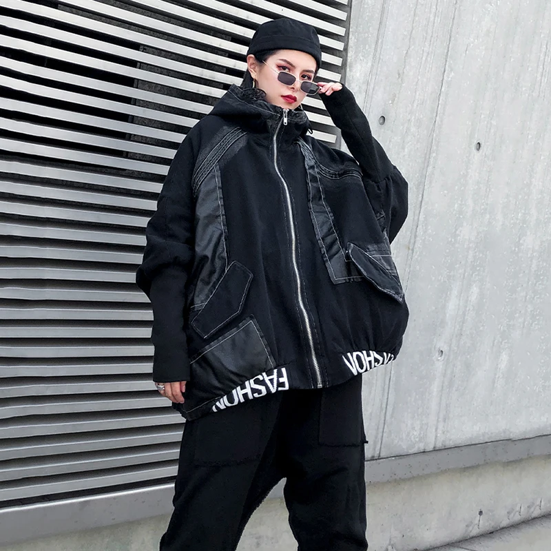 [EAM] Loose Fit Black Denim Split Big Size Jacket New Hooded Long Sleeve Women Coat Fashion Tide Autumn Winter 1K346