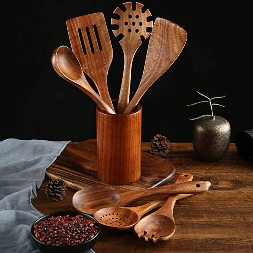 8 Pcs Teak Wooden Kitchen Cooking Utensils Spoons and Spatula fo