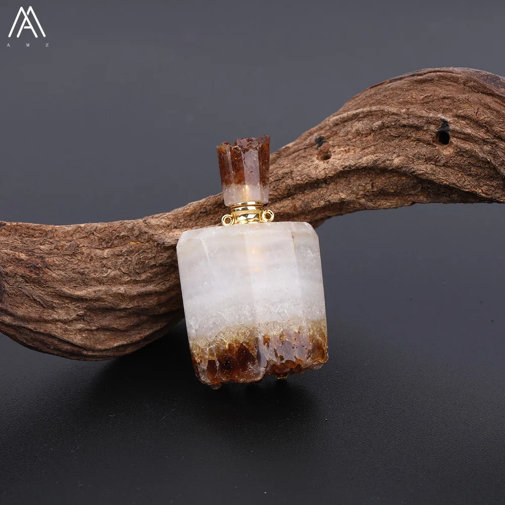 Fashion Women Small Natural Citrines Quartz Irregular Amethysts Quartz Perfume Bottles Gold Copper Chain Necklace EF-DG-72AMFE