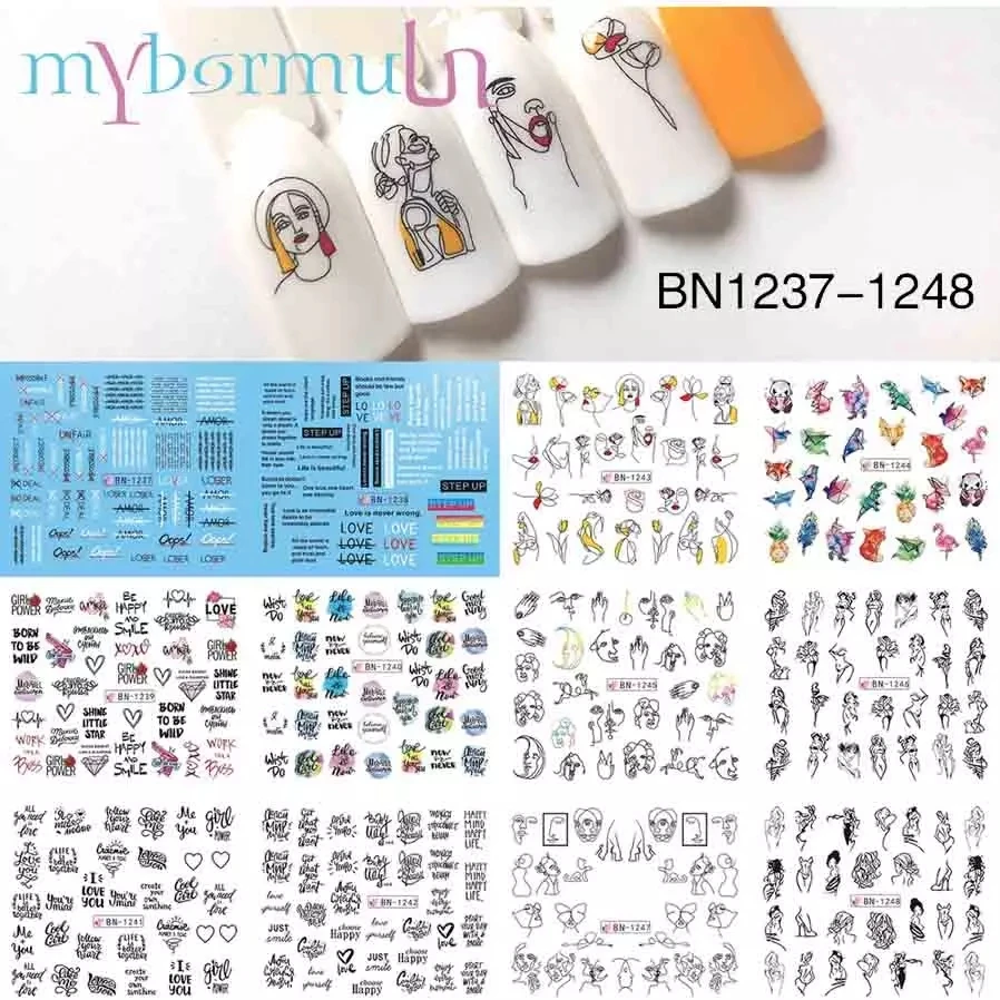 12 типов наклейки для ногтей, черные цветные абстрактные изображения, водные переводные наклейки для ногтей, декоративные маникюрные стильные инструменты, A1513-1524 - Цвет: BN1237-1248