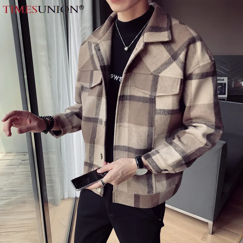 

2020 autumn and winter new youth single-breasted woolen windbreaker men's lapel Japanese lattice loose coat men's shirt