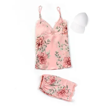 

New Printed Lace Suspenders Shorts Pajamas Suit Sexy Beautiful Back Silk Ladies Home Service 2020 Summer Autumn Pajama Shorts