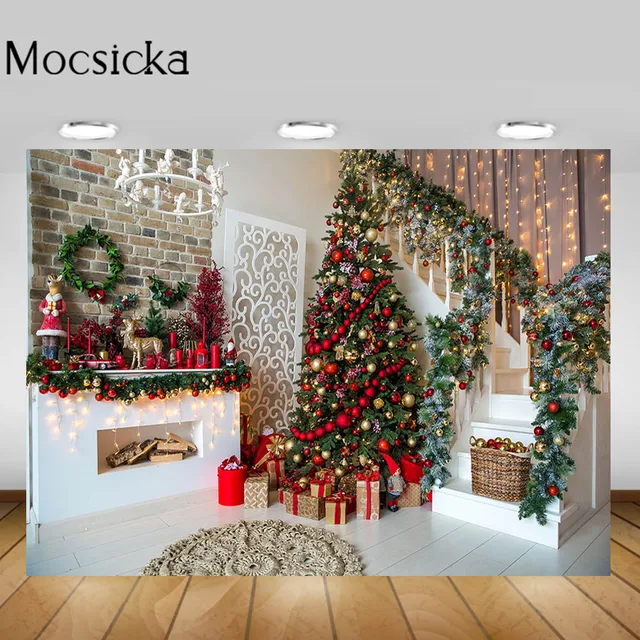 Mocsicka Christmas Living Room Backgrounds Christmas Tree Fireplace Garland Xmas Backdrop Decorations Newborn Photography Props Style-16