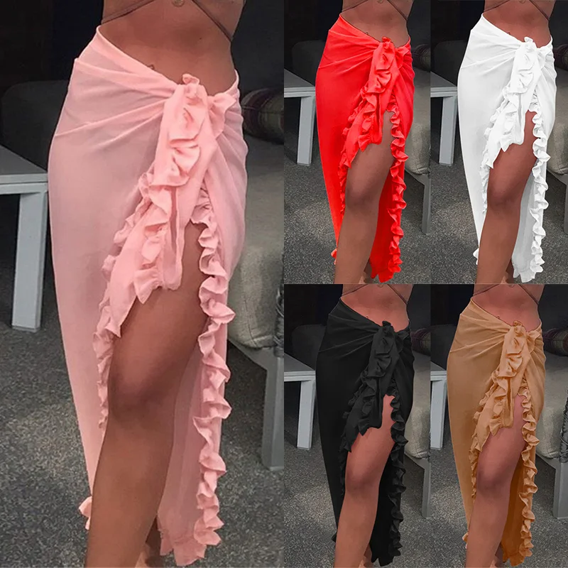 

2020 One Piece Women Beach Skirt Ruffles Sarong Bikini Beach Cover Up Chiffon Wrap Skirts Swimwear Summer Bathing Suit Swimsuits