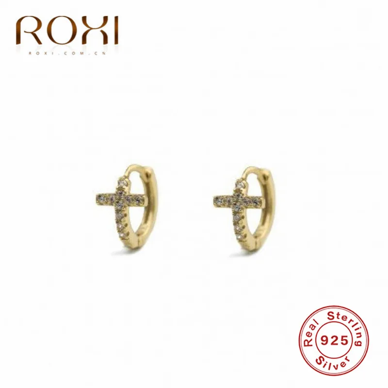 ROXI модные серьги из стерлингового серебра 925 пробы для женщин ювелирные изделия нежные прозрачные чешские камни крест круглые серьги гвоздики Pendientes