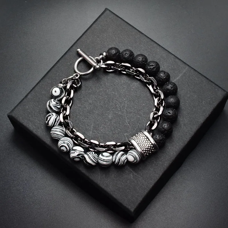 Natural Stone Layered Gun Black Color Alloy Chain Bracelet Homme Lava Stone Eye Tiger Bead Meditation OT Buckle Gifts for Men beaded bracelet stone bead bracelet natural stone bracelet metal bracelet