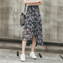 Новинка, летняя женская юбка, высокая талия, принт, шифоновая, ассиметричная, длинный хвост, юбки, синий, желтый, абрикосовый, 837