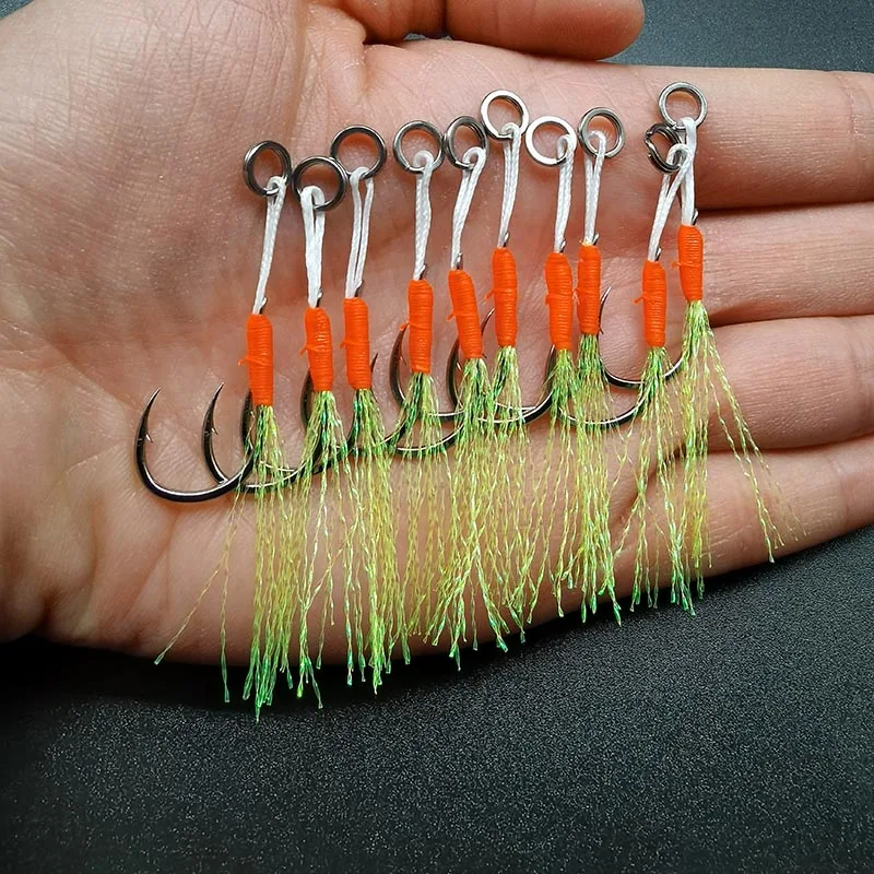 100pcs/Lot Assist Hook Fishing Lure Slow Jigging Fish Cast Jigs Barbed Single Jig Hooks Thread Feather Pesca Carbon Steel Peche 6