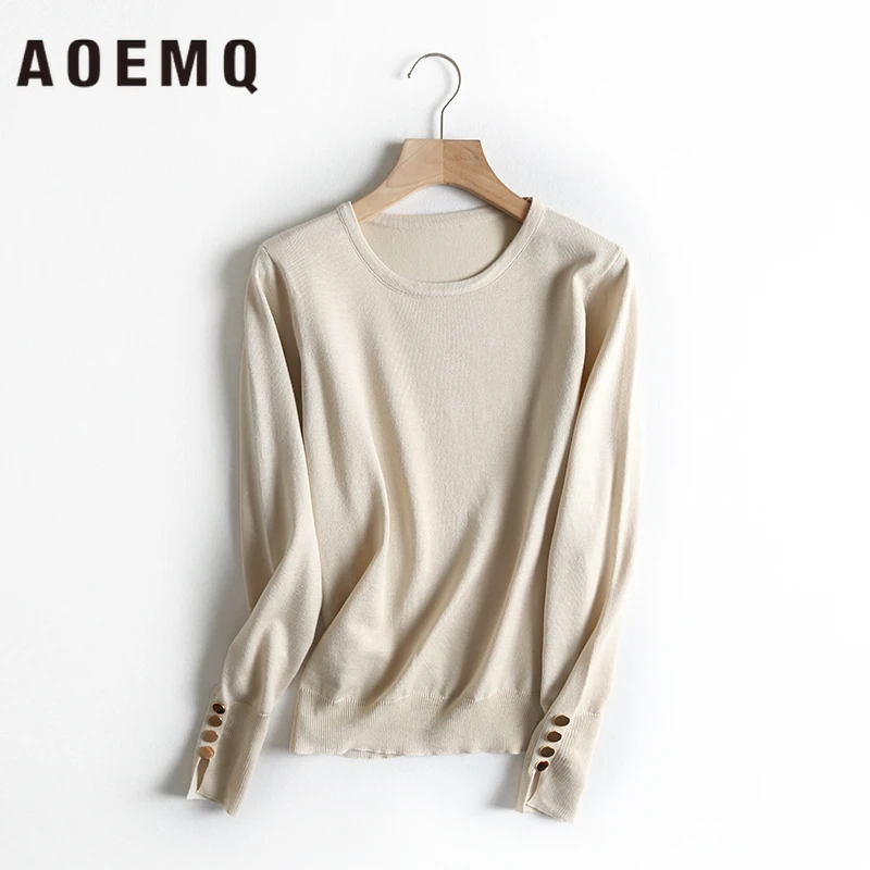 AOEMQ/повседневные Простые свитера с круглым вырезом; 3 цвета; однотонные свитера; сезон зима-осень; тонкая одежда с длинными рукавами и пуговицами