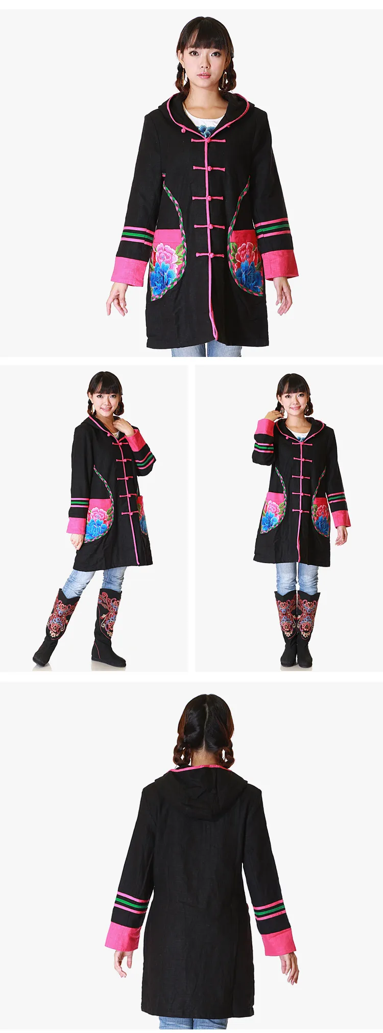 Special Offer Not National Wind Winter Cotton-padded Clothes WOMEN'S Dress Zhu Section Linen Embroidered Cotton Coat Mid-length
