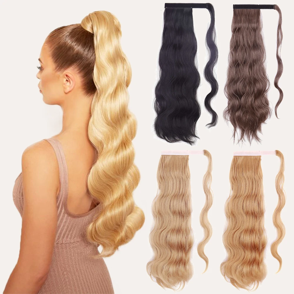 XINRAN Synthetic Long Hollywood Wave Ponytail Extension Wrap Around Ponytail Clip in Hair Extensions for Women Black Blonde Red