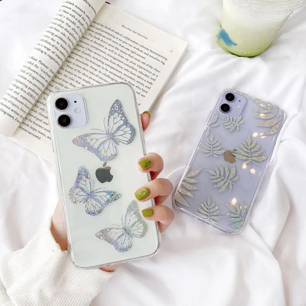 

Luxury Glitter Case For iPhone 11 11Pro Max 8 7 Plus X XS Max XR Transparent Plating Leaf Clear Back Cover Soft Fundas Coque