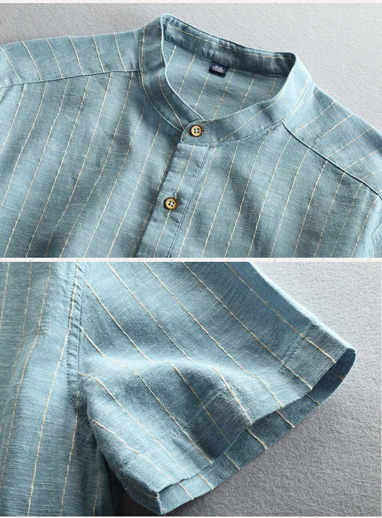 Men Summer Fashion China Style Vintage Striped Stand Collar Cotton Linen Short Sleeve Shirt Male Casual Slim Fit Thin Shirts