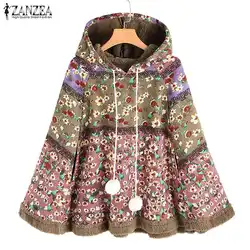 2019 г. ZANZEA зимний винтажный пуловер с капюшоном женский теплый цветочный плащ пончо пальто кофты женские толстовки с принтом верхняя одежда