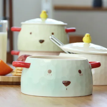

Cartoon ceramic instant noodle bowl three-dimensional embossed binaural cover ceramic bowl creative soup bowl cutlery
