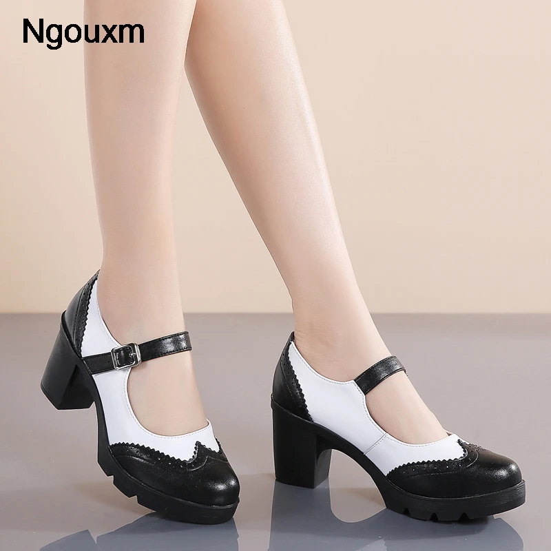 Ladies Shoes Pumps Platform High-Heels Genuine-Leather Women Mary Jane Sheepskin Square