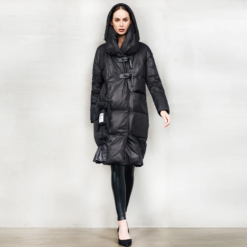 Черное женский длинное пуховик с капюшоном зима оверсайз плотное теплое женское пуховое пальто с длинным рукавом модная YNZZU 9O031