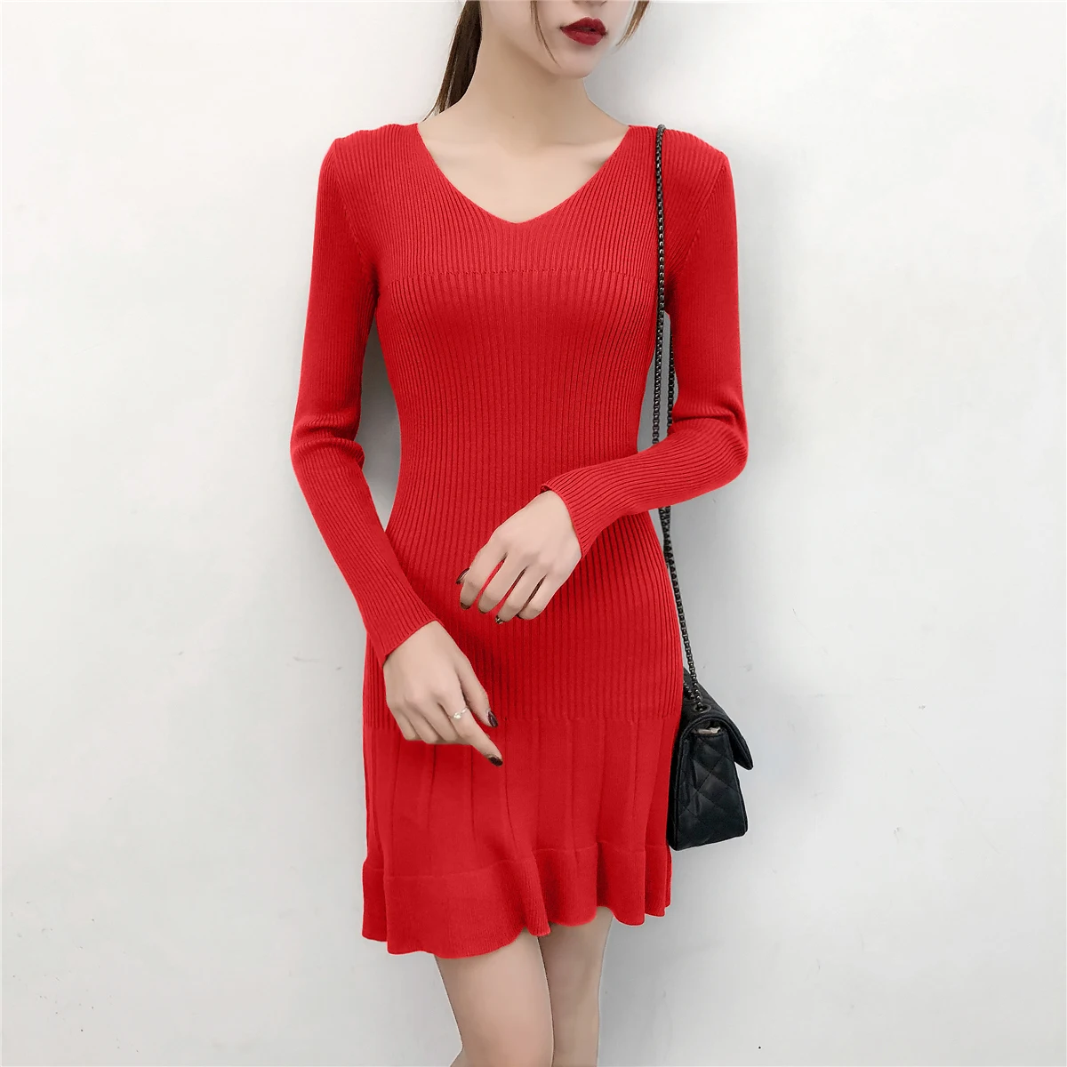 

Knitted V-neck Ruffles Above Knee Sweater Dresses Women's Solid Elastic Full Sleeve Basic Mini Dress For Girls BH1805