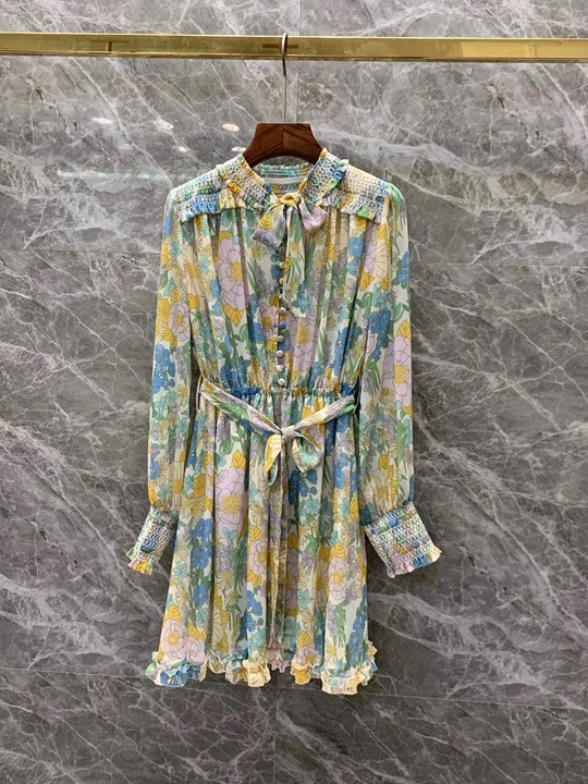 

2019 Early autumn new women's round tie tie tie tie tie waist print dress 818