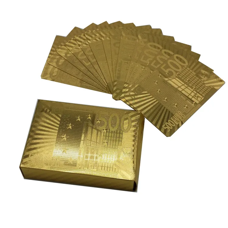 Модный дизайн Евро 100& 500, 24K Золотая фольга, игральные карты, две колоды для покера, черный деревянный чехол, свадебный подарок