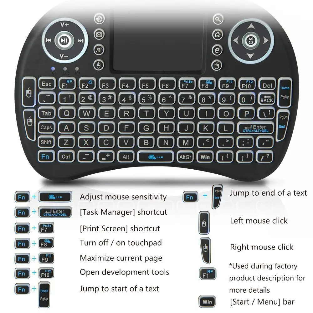 i8 Mini Keyboard 7 Color Backlit Air Mouse 2.4Ghz Wireless English Russian Spanish Multi Language Mini Keyboard Remote Control