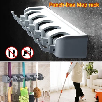 

Wall-mounted Storage Rack Shovel Rake Mop Holder with Hooks Space-saving for Kitchen Garage Closet Garden Tools XHC88