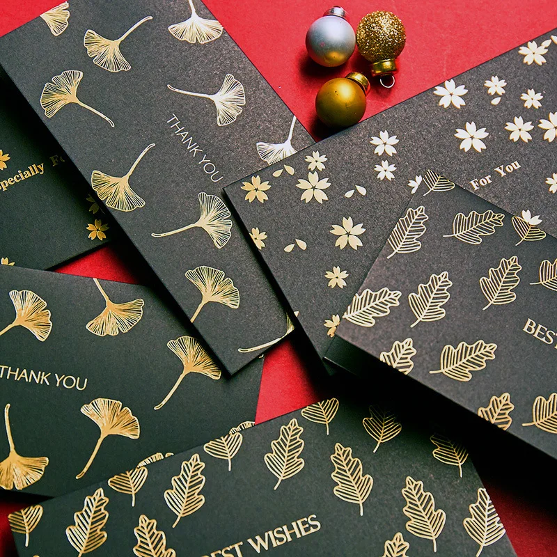 

Christmas New Products Business Bronze Black and White with Pattern Thank-You Card Sakura/Ginkgo Leaf Literature and Art Blessin