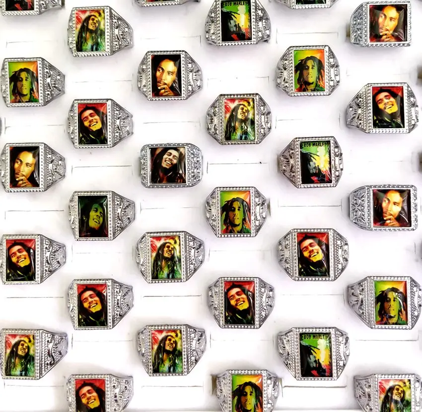 20/ 50pcs Wholesale Mix lot Bob Marley Ring Men's Punk Rocker Silver Plated Alloy Ring Male Party Jewelry Man Gift 3