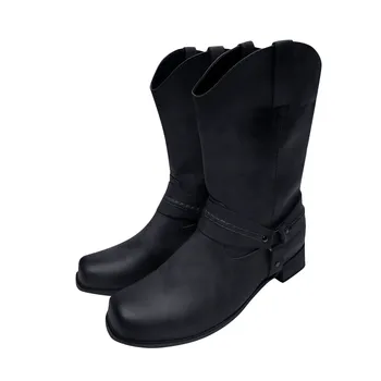 

Boots Mens Leather Non-slip Slip-On Round Toe Buckle Low-heeled Shoes Cowboy Boots