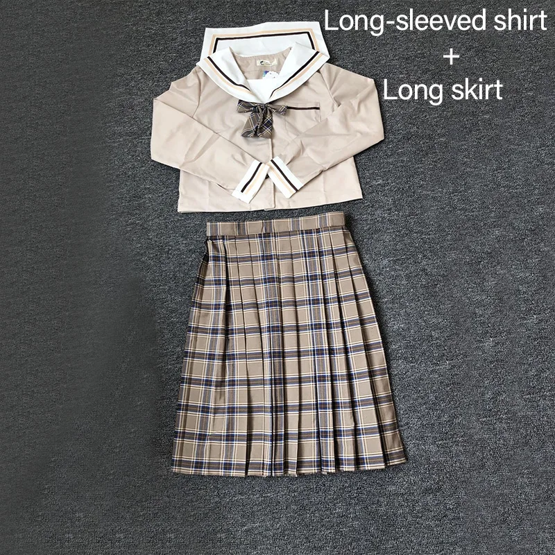 School Dresses Japanese College Middle School Uniform For Girls Jk Uniforms Lady Sailor Suit Tea Brown Color Plaid Pleated Skirt - Цвет: Long - long suit
