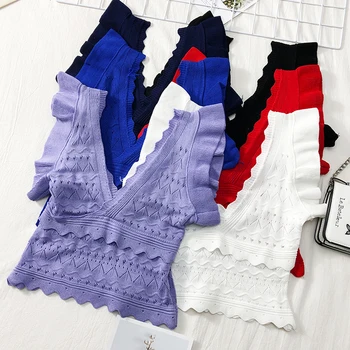 

Lace Crop Top Ruffle Sleeveless Deep V Neck Slim Tanks Camis Sexy Hollow Sweater Vest Women Summer Backless Short Wavy Tops