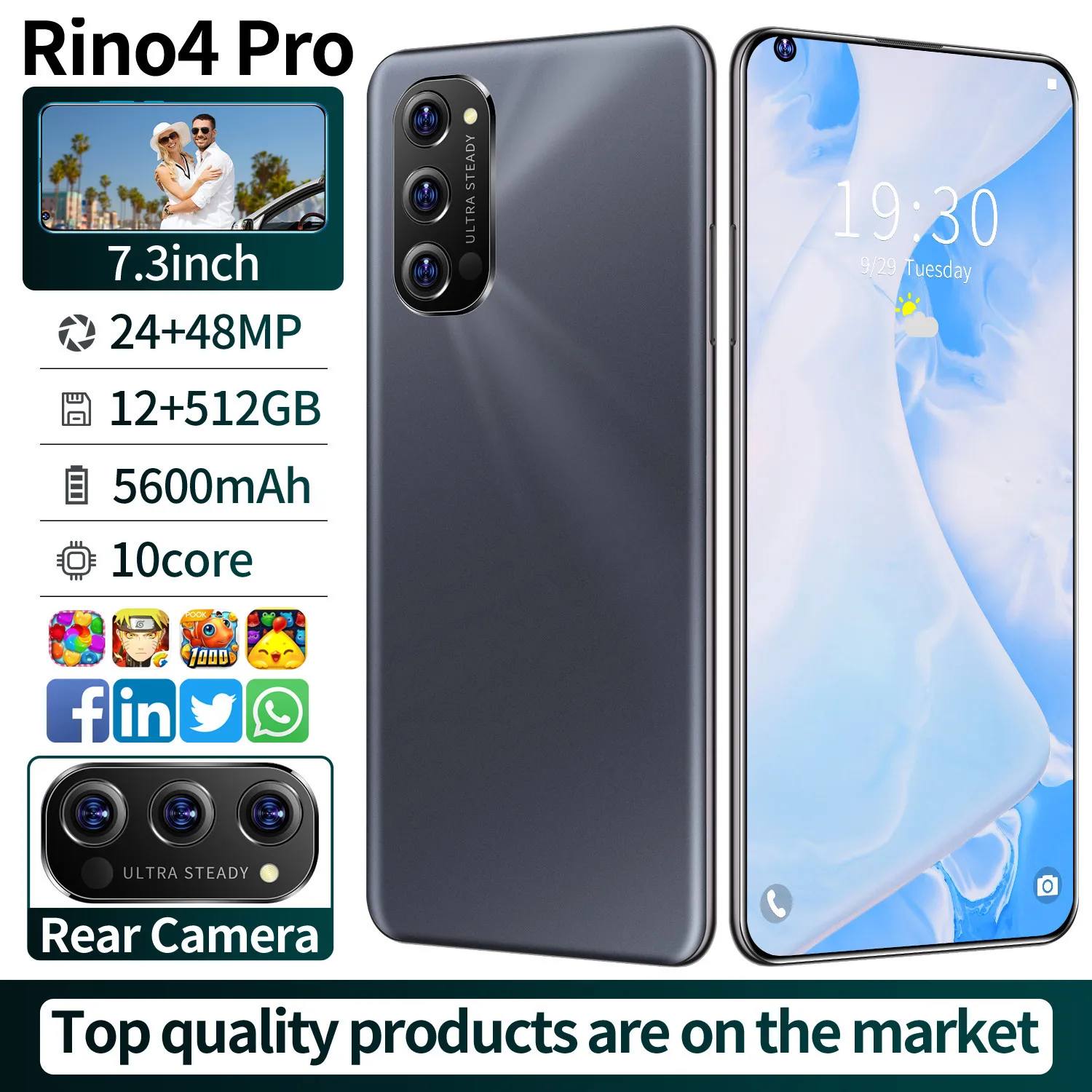 Global Version Rino4 Pro Smartphones 7.3 Inch Dual SIM Face Unlocking 12G 512G 24+48MP GPS 5600mh 5G LTE CellPhone | Мобильные