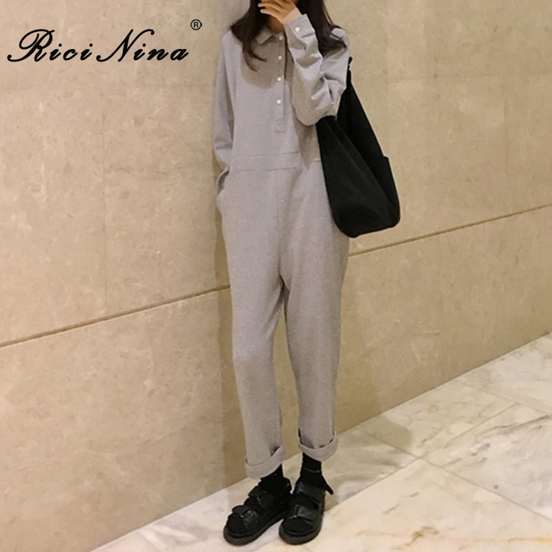 RICININA Female Jumpsuit Women Winter Lapel Pocket Buttons Casual Rompers Womens Jumpsuit Long Sleeve Autumn Overalls Women